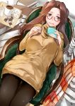  1girl :d alternate_costume bespectacled black_legwear book brown_eyes brown_hair glasses half_updo highres holding holding_book iapoc jintsuu_(kantai_collection) kantai_collection long_hair long_sleeves open_mouth red-framed_eyewear sitting smile solo sweater thigh-highs yellow_sweater 