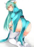  1girl :d all_fours aqua_hair aqua_kimono ass bangs blush breasts brown_eyes eyebrows_visible_through_hair fate/grand_order fate_(series) from_behind hair_between_eyes highres horns japanese_clothes kimono kiyohime_(fate/grand_order) large_breasts long_hair long_sleeves looking_at_viewer looking_back no_shoes obi open_mouth parted_lips sabujiroko sash simple_background smile solo thigh-highs thighhighs_pull white_background white_legwear wide_sleeves 