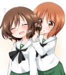  2girls :o akiyama_yukari arms_at_sides bangs black_neckwear blouse blush brown_eyes brown_hair closed_eyes collarbone commentary_request eyebrows_visible_through_hair girls_und_panzer gradient gradient_background green_skirt hair_between_eyes hand_in_another&#039;s_hair head_tilt heart highres latin_cross long_sleeves looking_at_another multiple_girls neckerchief nishizumi_miho ooarai_school_uniform open_mouth orange_hair pleated_skirt school_uniform serafuku shiny shiny_hair short_hair skirt suwa_yasai white_background white_blouse white_sailor_collar |d 