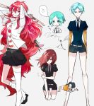  androgynous black_footwear black_neckwear black_shorts blush blush_stickers elbow_gloves gem_uniform_(houseki_no_kuni) gloves golden_arms green_eyes green_hair holding_arm houseki_no_kuni long_hair multiple_views necktie orange_hair padparadscha_(houseki_no_kuni) phosphophyllite red_eyes redhead shinsha_(houseki_no_kuni) shirt short_hair short_sleeves shorts smile weapon white_gloves white_shirt zircon_(houseki_no_kuni) 