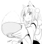  &gt;:3 1girl :3 animal_ears bangs blush bowl dutch_angle eyebrows_visible_through_hair food foreshortening greyscale hat holding holding_food inubashiri_momiji looking_at_viewer monochrome pom_pom_(clothes) shirt smile spoon tail taurine_8000mg tokin_hat touhou twitter_username white_background white_shirt wide_sleeves wolf_ears wolf_tail 
