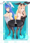  2girls :d absurdres alternate_costume animal_ears aqua_background arm_up artist_name bare_arms bare_shoulders black_bow black_legwear black_leotard black_neckwear blonde_hair blue_hair blush border bow bowtie breasts brown_eyes bunny_girl bunnysuit cleavage covered_navel cup detached_collar drink drinking_glass fake_animal_ears foreshortening full_body girls_frontline glint hair_flaps hairband highres holding holding_tray hsubo legs_apart leotard long_hair looking_at_viewer m1918_bar_(girls_frontline) medium_breasts multiple_girls necktie open_mouth pantyhose rabbit_ears smile standing strapless strapless_leotard sunglasses sunglasses_on_head tar-21_(girls_frontline) tareme tray very_long_hair white_border white_hairband white_leotard yellow_eyes 