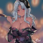  1girl artist_name bare_shoulders blush breasts chocolate_banana cleavage collarbone cowboy_shot daniella_(sennen_sensou_aigis) earrings floral_print grey_hair japanese_clothes jewelry kimono large_breasts long_hair looking_at_viewer obui red_eyes sennen_sensou_aigis smile solo upper_body 