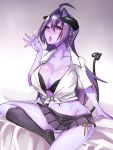  1girl arunira black_bra black_legwear bra breasts brll cleavage collarbone demon_girl demon_tail earrings horns jewelry large_breasts long_hair original pointy_ears purple_hair purple_skin red_eyes skirt socks solo tail tongue underwear 