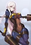  1girl bodysuit breasts covered_navel dual_wielding fur_trim highres holding holding_weapon lance long_hair looking_at_viewer pixiv_fantasia pixiv_fantasia_revenge_of_the_darkness polearm silver_hair solo very_long_hair violet_eyes weapon webslinger 