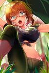  1girl :o bang_dream! black_shirt breasts brown_hair glasses grass green_eyes green_pants highres large_breasts looking_at_viewer midriff navel nochita_shin pants red-framed_eyewear semi-rimless_glasses shirt short_hair short_sleeves signature solo sweat yamato_maya 