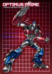  1boy autobot blue_eyes cannon character_name clenched_hand full_body grid grid_background headgear looking_at_viewer machine machinery mecha no_humans optimus_prime paintedmike red_background robot solo transformers transformers_prime weapon 