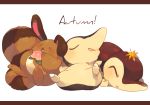  autumn autumn_leaves berry blush closed_eyes commentary_request cyndaquil drooling english food fruit hideko_(l33l3b) holding holding_fruit leaf letterboxed lying maple_leaf no_humans on_back on_stomach parted_lips pokemon pokemon_(creature) saliva sentret simple_background sleeping white_background 