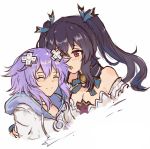  2girls bare_shoulders black_hair d-pad female hair_ornament hood hooded_track_jacket hoodie jacket long_hair multiple_girls neptune_(choujigen_game_neptune) neptune_(series) noire purple_hair red_eyes ribbon shin_jigen_game_neptune_vii smile solo track_jacket twintails very_long_hair white_crow yuri 