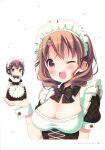  2girls absurdres apron aqua_eyes black_hair blush bow bowtie breasts brown_hair chibi cleavage dress flat_chest highres in_palm jitome large_breasts looking_at_viewer maid maid_apron maid_headdress march-bunny maria_(watashi_no_tomodachi_ga_sekaiichi_kawaii) minigirl multiple_girls page_number pink_eyes plaid plaid_dress puffy_short_sleeves puffy_sleeves ringlets saionji_koharu short_sleeves size_difference standing sweatdrop underbust upper_body watashi_no_tomodachi_ga_sekaiichi_kawaii white_background wrist_cuffs 