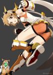  10s 1girl ass bare_shoulders bent_over blush bodysuit boots breasts brown_hair commentary_request elbow_gloves from_behind gauntlets gloves grey_background hair_ornament headgear looking_at_viewer looking_back medium_breasts motion_blur noise_(symphogear) open_mouth orange_eyes scarf senki_zesshou_symphogear short_hair simple_background skirt solo standing tachibana_hibiki_(symphogear) tea_(nakenashi) teeth twitter_username 
