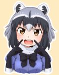  1girl :d animal_ears beige_background black_bow black_gloves black_hair black_neckwear blue_shirt bow bowtie brown_hair common_raccoon_(kemono_friends) eyebrows_visible_through_hair fang fingers_to_cheeks fur_collar gloves grey_hair kemono_friends looking_at_viewer multicolored_hair open_mouth raccoon_ears shirt short_sleeves simple_background smile solo takatsuki_nao teeth upper_body 