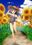  1girl :d arm_up bag black_hair black_swimsuit blush bottle child clouds collarbone covered_navel day flat_chest flower full_body gluteal_fold groin hand_behind_head hat holding_bag leg_up long_hair one-piece_swimsuit open_mouth original outdoors path red_eyes road running sandals school_swimsuit sky smile solo sun_hat sunflower swimsuit tewo 