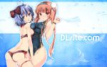  2girls :o ahoge artist_name ass bangs bikini blue_hair blunt_bangs blush bow breasts brown_bow china_dress chinese_clothes dille_blood dlsite.com double_bun dress elle_sweet eyebrows_visible_through_hair hair_bow hairband highres looking_at_viewer looking_back medium_breasts multiple_girls open_mouth red_bikini refeia sideboob sidelocks small_breasts swimsuit teeth thigh_strap thighs twintails wallpaper watermark web_address wristband 