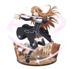  1girl :d asuna_(sao) black_footwear boots breastplate brown_eyes brown_hair floating_hair full_body grey_skirt holding holding_sword holding_weapon long_hair miniskirt one_leg_raised open_mouth outstretched_arm pleated_skirt simple_background skirt smile solo sword sword_art_online thigh-highs thigh_boots very_long_hair weapon white_background 