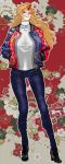  1girl absurdres alternate_costume casual denim floral_background floral_print hands_in_pockets high_heels highres horn hoshiguma_yuugi jacket jeans long_hair long_legs messy_hair pants red_eyes solo tall touhou turtleneck 