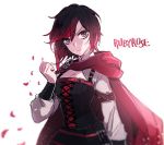  1girl breasts cape character_name cleavage corset ecru english grey_eyes petals redhead ruby_rose rwby 