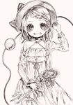  1girl absurdres alternate_costume alternate_hairstyle bow bracelet braid criss-cross_halter dress flower gotoh510 greyscale hair_ornament hairclip halterneck hat hat_bow highres holding holding_flower jewelry komeiji_koishi looking_at_viewer monochrome ring simple_background smile solo standing sunflower teeth third_eye touhou white_background 