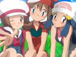  3girls ;) black_shirt blue_eyes blue_hair blush brown_eyes brown_hair collarbone day eyebrows_visible_through_hair grass hair_between_eyes haruka_(pokemon) hat hikari_(pokemon) kotone_(pokemon) long_hair looking_at_viewer multiple_girls one_eye_closed outdoors parted_lips pokemon pokemon_(anime) red_hat red_shirt shirt short_sleeves sitting skirt sleeveless sleeveless_shirt smile suspender_skirt suspenders white_hat y@mato 