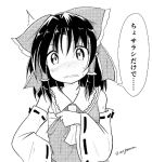  1girl adjusting_clothes ascot bangs blush bow detached_sleeves greyscale hair_bow hair_ornament hair_tubes hakurei_reimu monochrome nose_blush sarashi shirt sweatdrop taurine_8000mg touhou translation_request twitter_username white_background wide_sleeves 