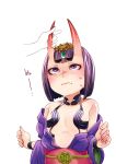  1girl arms_at_sides breasts commentary_request disembodied_limb embarrassed eyebrows_visible_through_hair fate/grand_order fate_(series) hair_ornament highres horn_grab japanese_clothes kimono looking_up off_shoulder oni oni_horns purple_hair sash short_hair shuten_douji_(fate/grand_order) simple_background small_breasts solo sweatdrop thick_eyebrows violet_eyes wavy_mouth white_background 