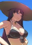  1girl armpits bangs bare_arms bare_shoulders bikini black_bikini blue_sky blunt_bangs bow breasts brown_hat choker cleavage closed_mouth collarbone cross earrings emoshon eyebrows_visible_through_hair facing_away fate/grand_order fate_(series) frilled_bikini frills front-tie_bikini front-tie_top grey_bow hands_on_hips hat highres hoop_earrings jewelry large_breasts lavender_eyes long_hair looking_at_viewer midriff outdoors purple_hair saint_martha saint_martha_(swimsuit_ruler)_(fate) sky smile solo straight_hair sun_hat swimsuit upper_body very_long_hair white_choker 