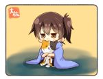  1girl artist_name blanket blush brown_eyes brown_hair chibi commentary_request covering_mouth kaga_(kantai_collection) kantai_collection object_hug side_ponytail sitting solo stuffed_animal stuffed_cat stuffed_toy taisa_(kari) 