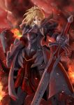  1girl 2017 absurdres armor artist_name blonde_hair blue_eyes braid breastplate clarent dated embers expressionless fate/apocrypha fate_(series) fire french_braid gauntlets highres looking_at_viewer planted_weapon ponytail rindon_(pixiv338875) saber_of_red solo weapon 