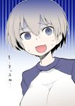  1girl :d blue_eyes breasts eyebrows_visible_through_hair fang grey_hair hair_between_eyes hitotose_rin large_breasts multicolored_hair open_mouth short_hair smile solo surprised sweat translated two-tone_hair uzaki-chan_wa_asobitai! uzaki_hana 