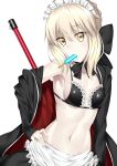  1girl absurdres apron artoria_pendragon_(all) black_bow black_bra black_jacket black_neckwear black_skirt blonde_hair bow bowtie bra breasts choker cleavage eating fate/hollow_ataraxia fate_(series) frilled_bra frills hair_between_eyes hand_on_hip highres jacket looking_at_viewer maid midriff navel open_clothes open_jacket saber_alter short_hair_with_long_locks sideboob simple_background skirt small_breasts solo standing stomach underwear upper_body watosu white_apron white_background yellow_eyes 