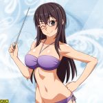  1girl ;) armpits bangs bare_arms bare_shoulders bikini black_eyes blue_background blush breasts brown_hair cleavage closed_mouth collarbone copyright_request eyebrows_visible_through_hair glasses halterneck hand_on_hip large_breasts long_hair looking_at_viewer navel omc one_eye_closed pointer purple_bikini ra-pen red-framed_eyewear side-tie_bikini smile solo stomach swimsuit upper_body 