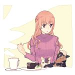  1girl braid cake cat commentary_request cup food fork nakatani_nio orange_eyes orange_hair petting plate ribbed_sweater saeki_sayaka slice_of_cake sweater turtleneck turtleneck_sweater yagate_kimi_ni_naru 