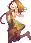  1girl ;d armpit_peek blush_stickers boku_no_hero_academia breasts brown_eyes brown_hair collared_shirt covering_mouth eyebrows full_body hakura_kusa happy jumping looking_at_viewer medium_breasts necktie one_eye_closed open_mouth pantyhose pleated_skirt red_necktie school_uniform shirt shoes short_hair short_sleeves simple_background skirt smile solo uraraka_ochako white_background 
