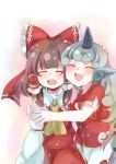  2girls :d ^_^ animal_ears annoyed ascot bangs blouse blunt_bangs blush bow brown_hair closed_eyes commentary curly_hair detached_sleeves fang forced_smile hair_bow hair_tubes hakurei_reimu horn hug kariyushi_shirt komano_aun large_bow long_hair multiple_girls naako_(4n1do6k4ymdq7gc) open_mouth shorts skirt skirt_set slouching smile touhou very_long_hair wide_sleeves yellow_ascot 