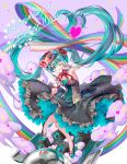  1girl anniversary aqua_eyes aqua_hair bangs character_name dress full_body geroro gloves grin hatsune_miku high_heels long_hair one_eye_closed purple_background rainbow sandals smile solo speaker strapless strapless_dress twintails very_long_hair vocaloid white_gloves 