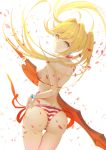  1girl aestus_estus ahoge ass back bikini blonde_hair breasts cowboy_shot earrings fate/grand_order fate_(series) floating_hair from_behind green_eyes hair_intakes halterneck highres holding holding_sword holding_weapon jewelry kamikakushi_no_ocarino long_hair looking_at_viewer looking_back medium_breasts nero_claudius_(swimsuit_caster)_(fate) petals revision saber_extra side-tie_bikini sideboob smile solo striped striped_bikini swimsuit sword thigh_gap thong twintails very_long_hair weapon 