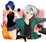  1boy 1girl artist_request blue_eyes blue_hair blush breasts chrome_dokuro eyepatch gokudera_hayato katekyo_hitman_reborn open_mouth short_hair skirt smile source_request weapon 