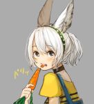  1girl animal_ears black_neckwear blush carrot choker eating food from_side grey_background grey_eyes grey_hair hairband highres holding holding_food looking_at_viewer looking_to_the_side mouth_hold original parted_lips ponytail rabbit_ears sako_(user_ndpz5754) shirt short_sleeves simple_background solo suspenders yellow_shirt 