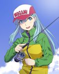  1girl :d alternate_costume aqua_eyes aqua_hair blush clothes_writing fishing_line fishing_rod hair_between_eyes hat ishii_hisao jacket kantai_collection long_hair long_sleeves open_mouth sidelocks smile solo suzuya_(kantai_collection) 