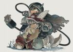  1boy 1girl :3 brown_eyes cape commentary_request ebimomo facial_mark flower furry helmet made_in_abyss mechanical_arm mitty_(made_in_abyss) nanachi_(made_in_abyss) regu_(made_in_abyss) sidelocks sitting white_hair 