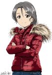  1girl artist_name bangs bukkuri casual closed_mouth coat crossed_arms dated eyebrows_visible_through_hair freckles fur-trimmed_coat fur_trim girls_und_panzer grey_eyes grey_hair hooded_coat long_hair looking_at_viewer parted_bangs piyotan ponytail signature simple_background smile solo standing upper_body white_background 