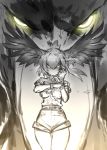  1girl adjusting_clothes adjusting_gloves angry bangs bird collared_shirt commentary_request cowboy_shot feathers fingerless_gloves floating_hair gloves glowing glowing_eye guchico hair_between_eyes hair_wings highres kemono_friends looking_at_viewer monochrome necktie shirt shoebill shoebill_(kemono_friends) short_hair shorts sketch solo staring zoom_layer 