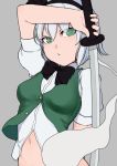  1girl arm_behind_back arm_on_head arm_up bare_arms black_bow black_hairband bow bowtie ghost green_eyes grey_hair hairband holding holding_sword holding_weapon katana konpaku_youmu konpaku_youmu_(ghost) looking_at_viewer marsen navel out-of-frame_censoring parted_lips puffy_short_sleeves puffy_sleeves ribbon shirt short_hair short_sleeves solo stomach sword touhou upper_body vest weapon white_pupils 