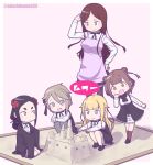  &gt;:) &gt;:/ 5girls :/ :d adachi_fumio333 ange_(princess_principal) apron artist_name bangs beatrice_(princess_principal) black_footwear black_hair black_legwear black_ribbon blonde_hair blue_eyes braid breasts brown_eyes brown_hair child closed_mouth corset dorothy_(princess_principal) double_bun eyebrows_visible_through_hair fang flower full_body hair_between_eyes hair_flaps hair_flower hair_ornament hair_ribbon hand_on_hip large_breasts loafers long_hair long_sleeves maroon_legwear multiple_girls neck_ribbon open_mouth outstretched_arms pantyhose parted_bangs pink_apron pink_background princess_(princess_principal) princess_principal ribbon sand_castle sand_sculpture sandbox school_uniform seiza shadow shoes sitting sleeves_past_wrists smile speech_bubble standing toudou_chise twitter_username very_long_hair violet_eyes younger 