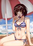  1girl absurdres arm_support beach_umbrella bikini blue_bikini breasts brown_eyes brown_hair food front-tie_top gyakushuu_no_hoshiumi highres ice_cream katou_megumi looking_at_viewer medium_breasts open_mouth revision saenai_heroine_no_sodatekata short_hair side-tie_bikini sitting solo striped striped_bikini sunglasses sunglasses_on_head swimsuit umbrella yokozuwari 