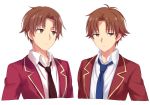  1boy ayanokouji_kiyotaka blue_neckwear brown_eyes brown_hair brown_neckwear closed_mouth collared_shirt commentary_request cropped_arms cropped_torso eyebrows_visible_through_hair highres jacket jitome looking_at_viewer looking_to_the_side male_focus multiple_views necktie red_jacket sekina shirt simple_background upper_body white_background white_shirt youkoso_jitsuryoku_shijou_shugi_no_kyoushitsu_e 
