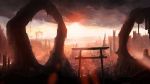  banishment building cityscape clouds cloudy_sky commentary_request highres no_humans outdoors scenery shrine sky skyscraper sunlight torii 