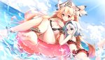  2girls anne_bonny_(fate/grand_order) bangs bikini blonde_hair blue_eyes blue_hair blue_sky blush closed_mouth clouble clouds cloudy_sky dutch_angle fate/grand_order fate_(series) fingers_together hair_flaps highres innertube legs light_rays long_hair mary_read_(fate/grand_order) multiple_girls outdoors own_hands_together red_bikini red_eyes sidelocks sky smile soles sunbeam sunlight swimsuit thighs toes two_side_up very_long_hair water_drop white_bikini white_hair 