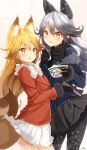  2girls :o absurdres animal_ears ass black_bow black_gloves black_legwear black_neckwear black_skirt blonde_hair blue_jacket blush bow bowtie buttons commentary cowboy_shot donbee_(food) extra_ears ezo_red_fox_(kemono_friends) fang fox_ears fox_tail fuku_kitsune_(fuku_fox) fur-trimmed_sleeves fur_trim gloves hair_between_eyes highres holding holding_chopsticks jacket kemono_friends long_hair long_sleeves looking_at_viewer miniskirt multiple_girls necktie orange_eyes orange_jacket pantyhose pleated_skirt signature silver_fox_(kemono_friends) silver_hair skirt snow tail very_long_hair white_bow white_bowtie white_skirt yellow_eyes 