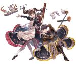  2girls apron boots brown_hair claudia_(granblue_fantasy) cross-laced_footwear cup dorothy_(granblue_fantasy) dress flamethrower full_body gauntlets granblue_fantasy hair_bun holding juliet_sleeves kneeling lace-up_boots lavender_eyes long_hair long_sleeves looking_at_viewer maid maid_apron maid_headdress mary_janes minaba_hideo multiple_girls official_art open_mouth pantyhose pastry puffy_long_sleeves puffy_sleeves shoes short_hair smile teacup teapot thigh-highs transparent_background twintails underbust weapon white_apron white_legwear 